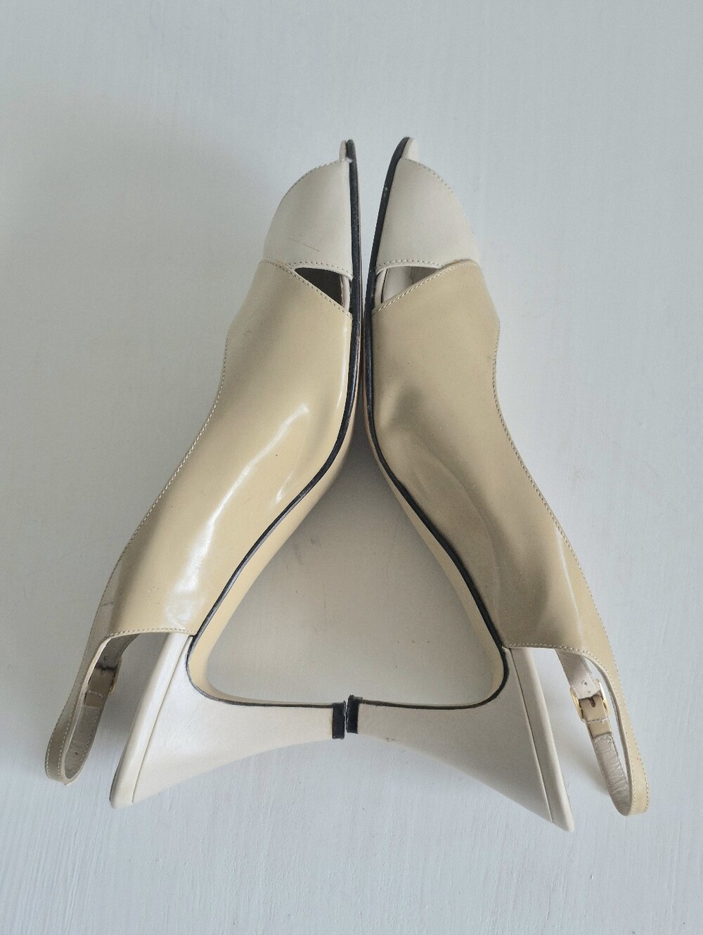 Salvatore Ferragamo Two-Tone Beige & Cream Peep-Toe Slingback Heels - Picture 7 of 12